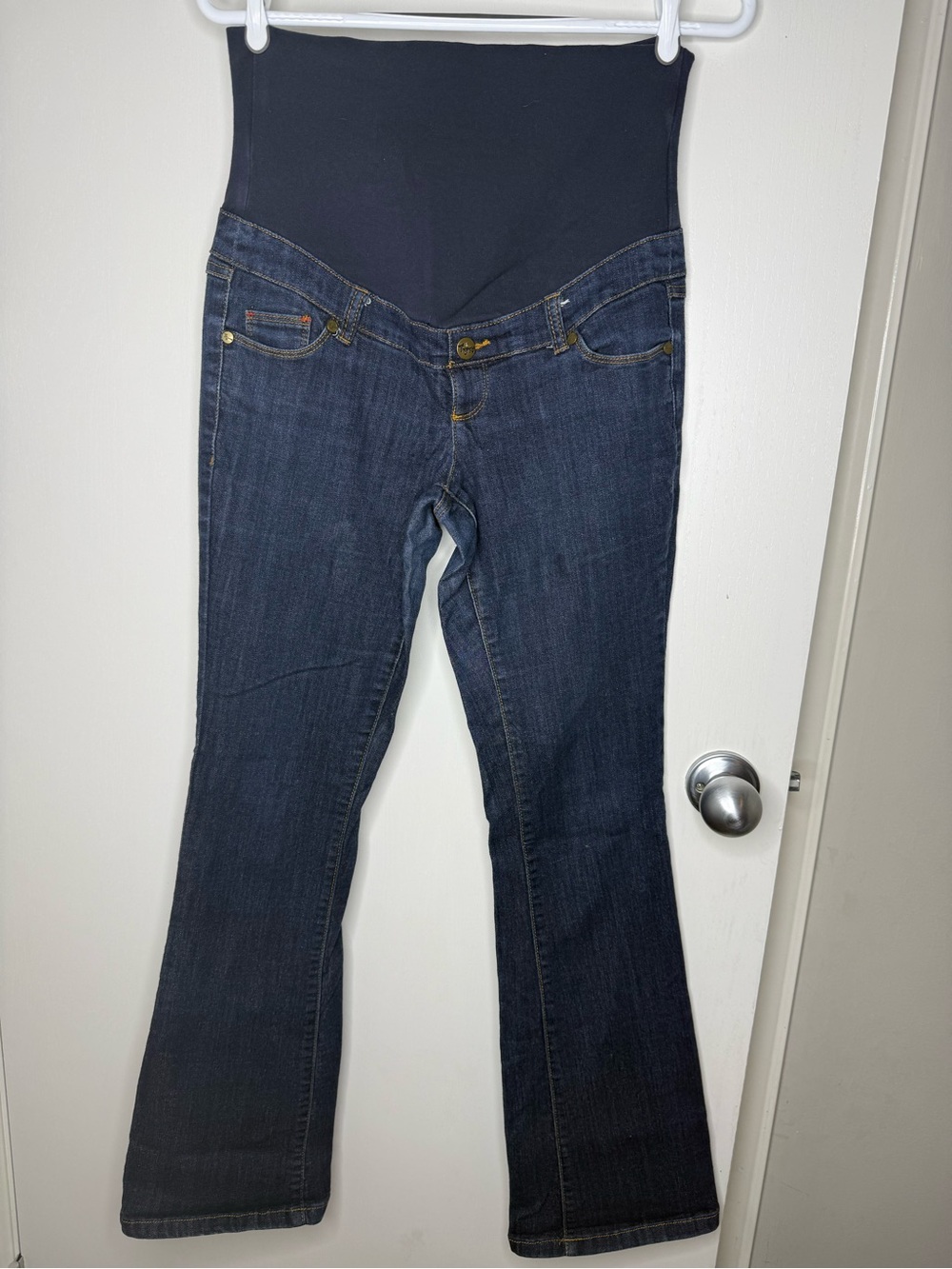 Thyme Maternity Dark Wash Bootcut Jeans with Black Belly Panel Small